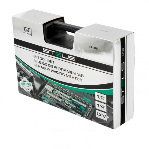 Набор инструментов 94 предмета 1/2, 1/4 CrV пластиковый кейс Stels фото 3