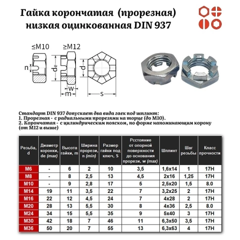 Гайка корончатая (прорезная) низкая М16 DIN 937-2 (17H) оцинкованная, 100 шт. фото 3