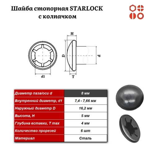 Шайба стопорная STARLOCK М8 с колпачком без покрытия, 1000 шт. фото 3