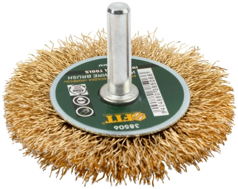 Корщетка-колесо, со штифтом, стальн.латунир.волнист.проволока фото 1