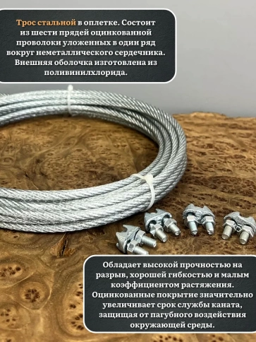 Трос стальной 6/8 с зажимами (4 шт.) ОЦ в оплетке, 20 м. фото 6