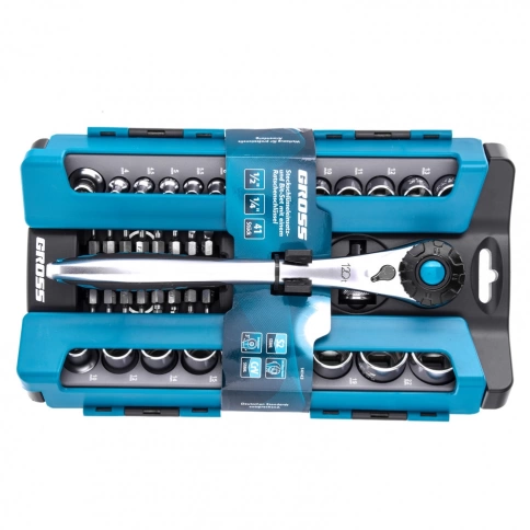 Набор торцевых головок, трещотка 120 зубьев, 41 предм. 1/2, 1/4 CrV Gross фото 5