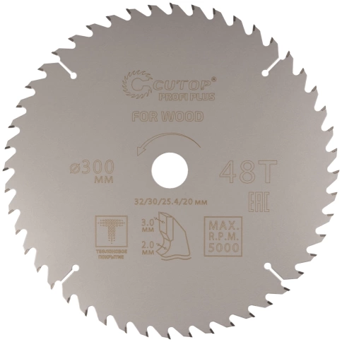 Диск пильный по дереву с тефл.покр.48Т CUTOP Profi Plus 300х2,0/3,0х32/30/25,4/20 мм фото 1