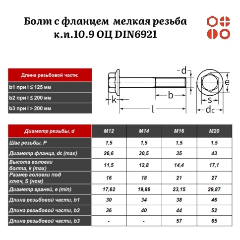 Болт с фланцем НР М14х1,5х80 мелкая резьба к.п.10.9 ОЦ DIN6921 с насечкой, 25 шт. фото 2