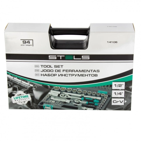 Набор инструментов 94 предмета 1/2, 1/4 CrV пластиковый кейс Stels фото 2