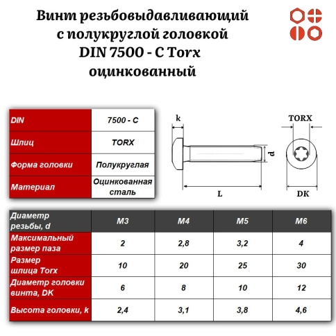 Винт резьбовыдавливающий DIN 7500 С Torx М5х10 оцинкованный, 1000 шт. фото 3